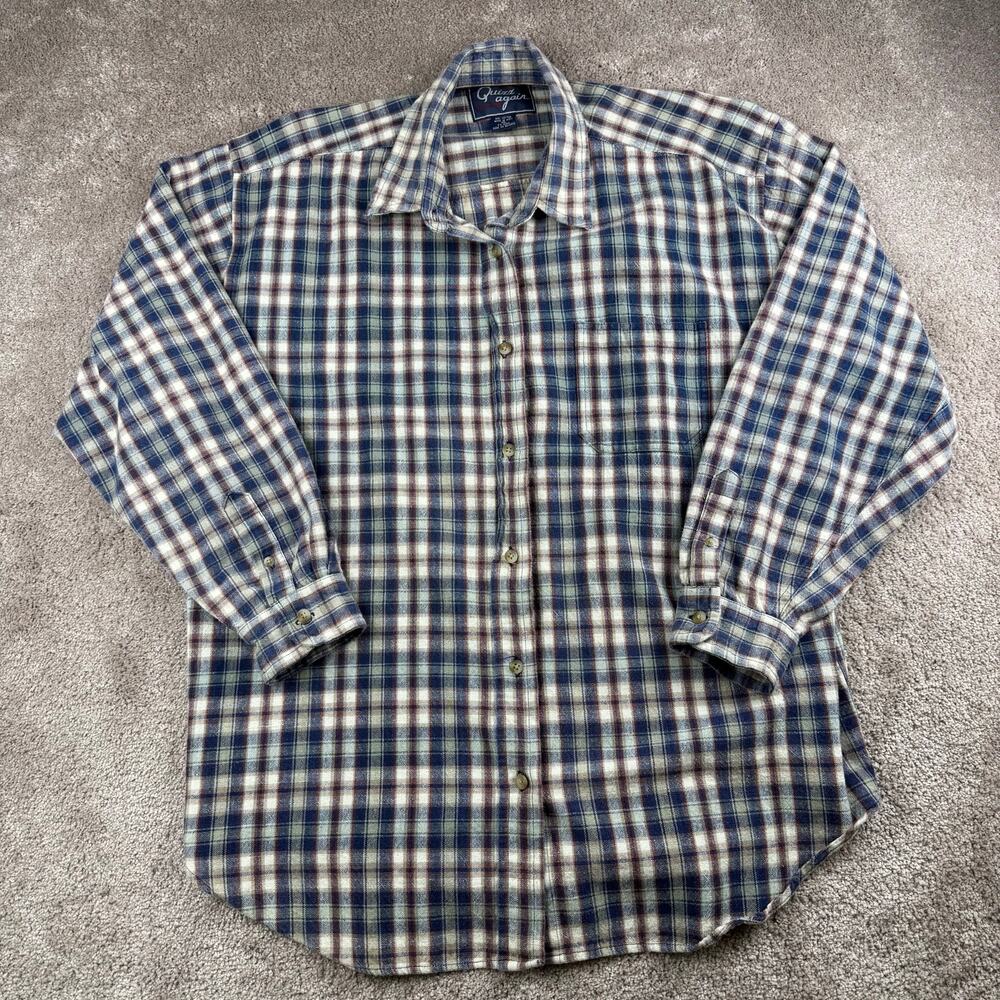 Vtg Plaid Button Up Shirt Blue Long Sleeve Cotton Size XL Cottage Western